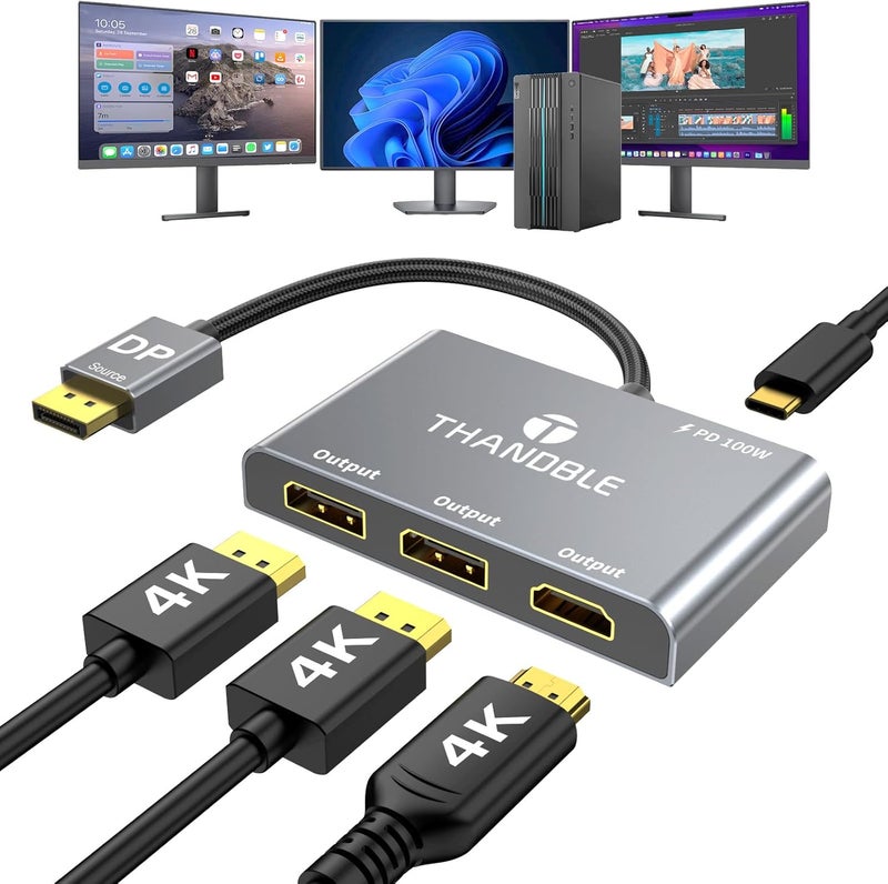 THANDBLE DisplayPort to Dual DisplayPort with HDMI Adapter 4K@60Hz, Extended Display 1 in 3 Out MST Hub for Multiple Monitors Compatible with PC,NVIDIA/AMD Graphics Card - Image 1